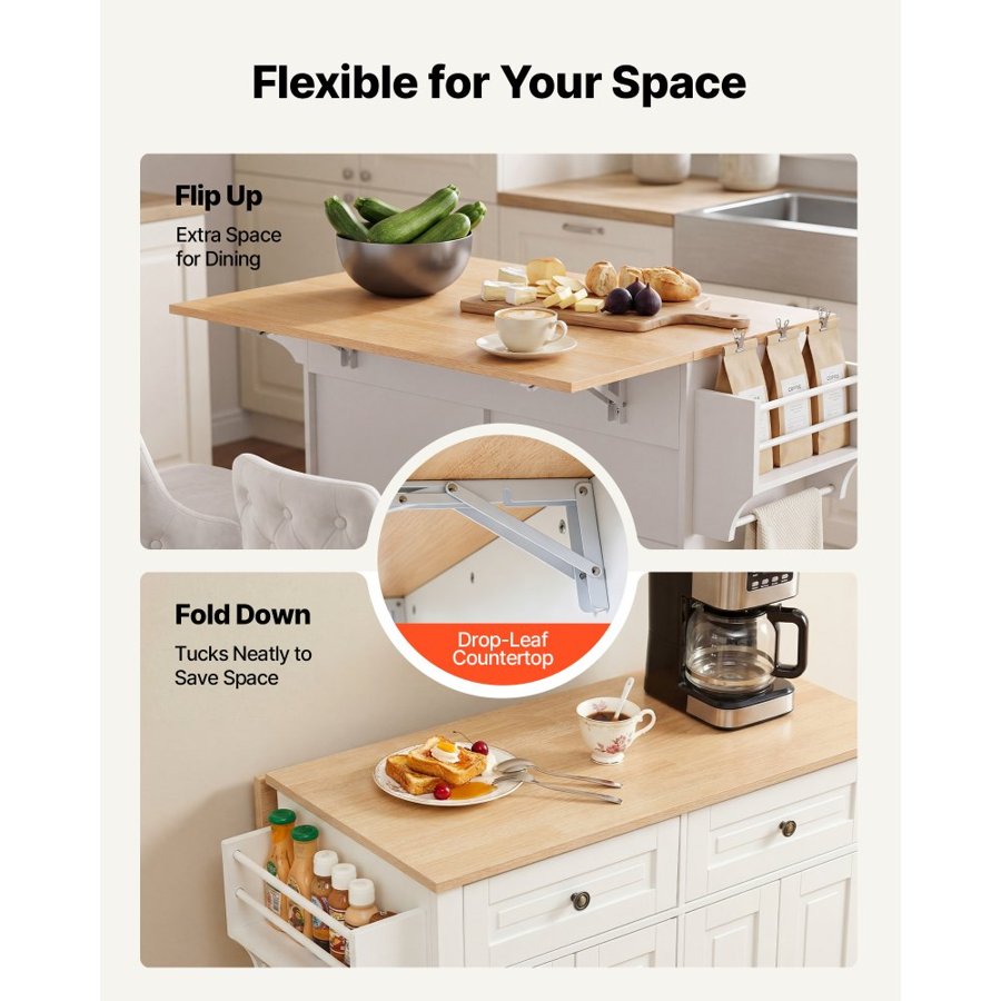 VEVOR Kitchen Island Cart with Storage, 1107 mm Wide Mobile Rolling Storage Island on Swivel Wheels, with 2 Drawers, Storage Cabinet, Drop Leaf, Spice/Towel Rack, Table for Home Dining Room, White