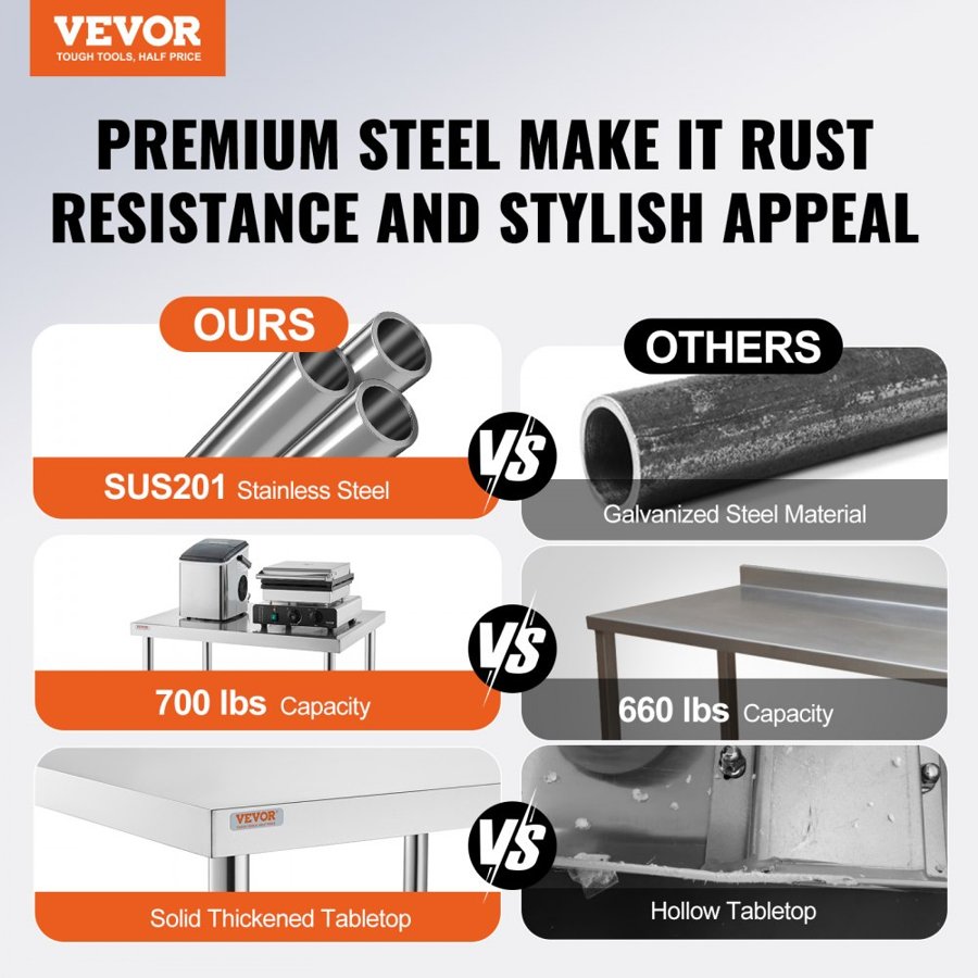 VEVOR Stainless Steel Work Table 30 x 12 x 34 Inch, 700 LBS Load Capacity with 4 Wheels, 3 Adjustable Height Levels, Heavy Duty Food Prep Worktable for Commercial Kitchen Restaurant, Silver