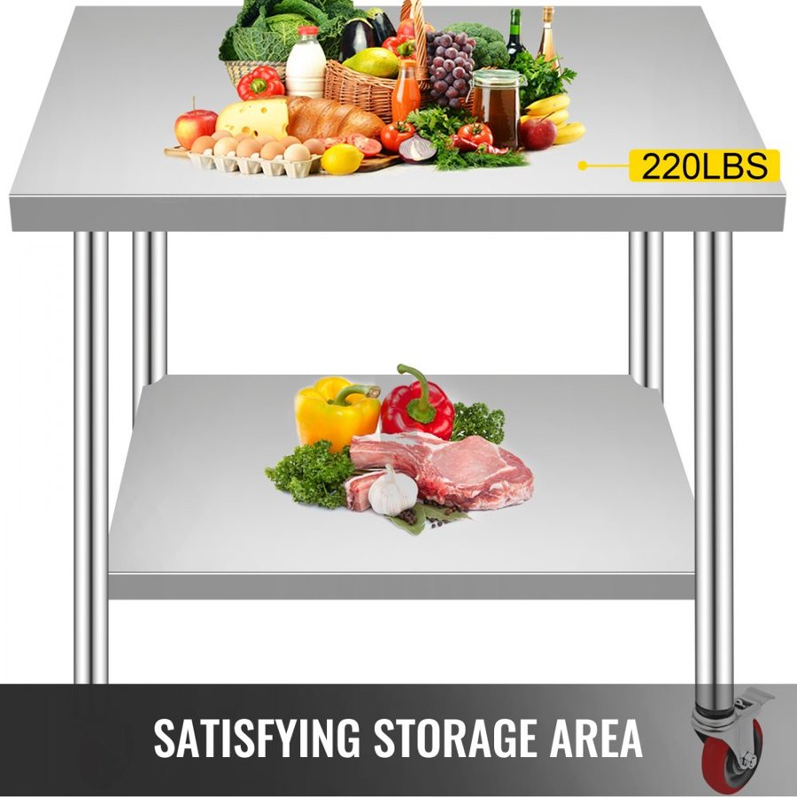 VEVOR Stainless Steel Work Table 36 x 30 x 34 Inch, 700 LBS Load Capacity with 4 Wheels, 3 Adjustable Height Levels, Heavy Duty Food Prep Worktable for Commercial Kitchen Restaurant, Silver