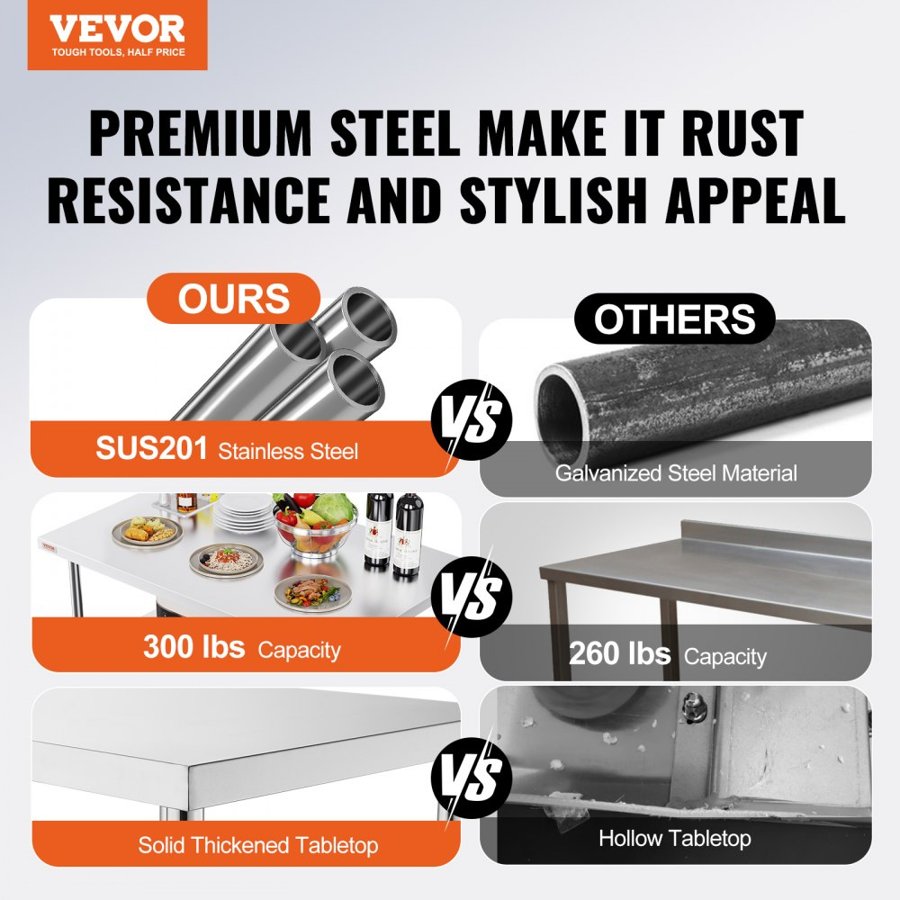 VEVOR Folding Commercial Prep Table, 48 x 30 Inch Commercial Worktable Workstation with Undershelf, Heavy-duty Stainless Steel Folding Table, for Home Kitchen Restaurant Garage