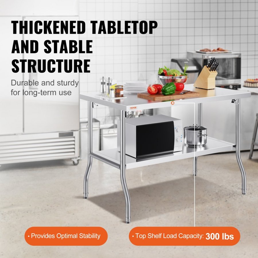 VEVOR Folding Commercial Prep Table, 48 x 30 Inch Commercial Worktable Workstation with Undershelf, Heavy-duty Stainless Steel Folding Table, for Home Kitchen Restaurant Garage