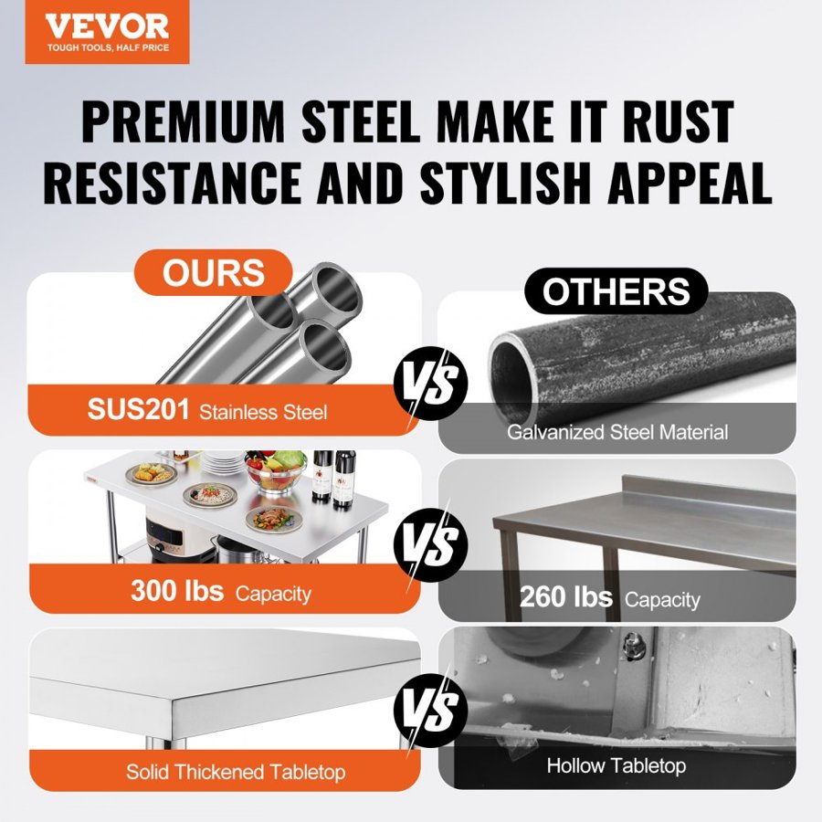 VEVOR Commercial Worktable Workstation 121.9x61 cm Folding Commercial Prep Table, Heavy-duty Stainless Steel Folding Table with 350.2 kg Load, Kitchen Work Table, Silver Stainless Steel Kitchen Island