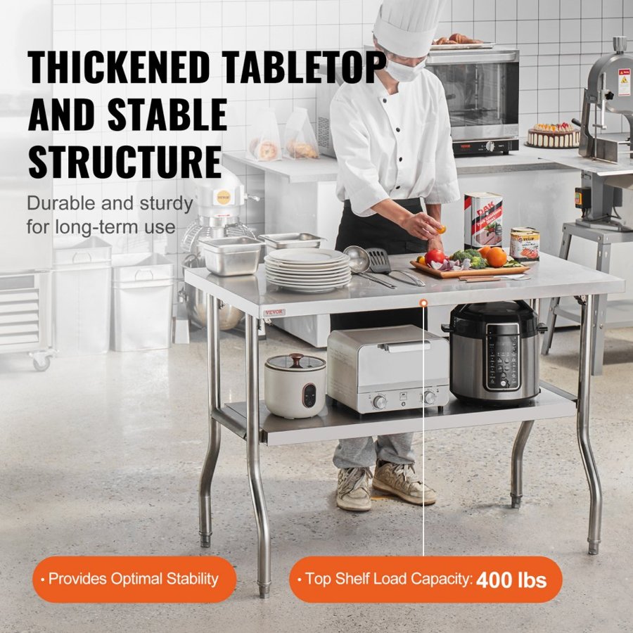 VEVOR Commercial Worktable Workstation 121.9x61 cm Folding Commercial Prep Table, Heavy-duty Stainless Steel Folding Table with 350.2 kg Load, Kitchen Work Table, Silver Stainless Steel Kitchen Island