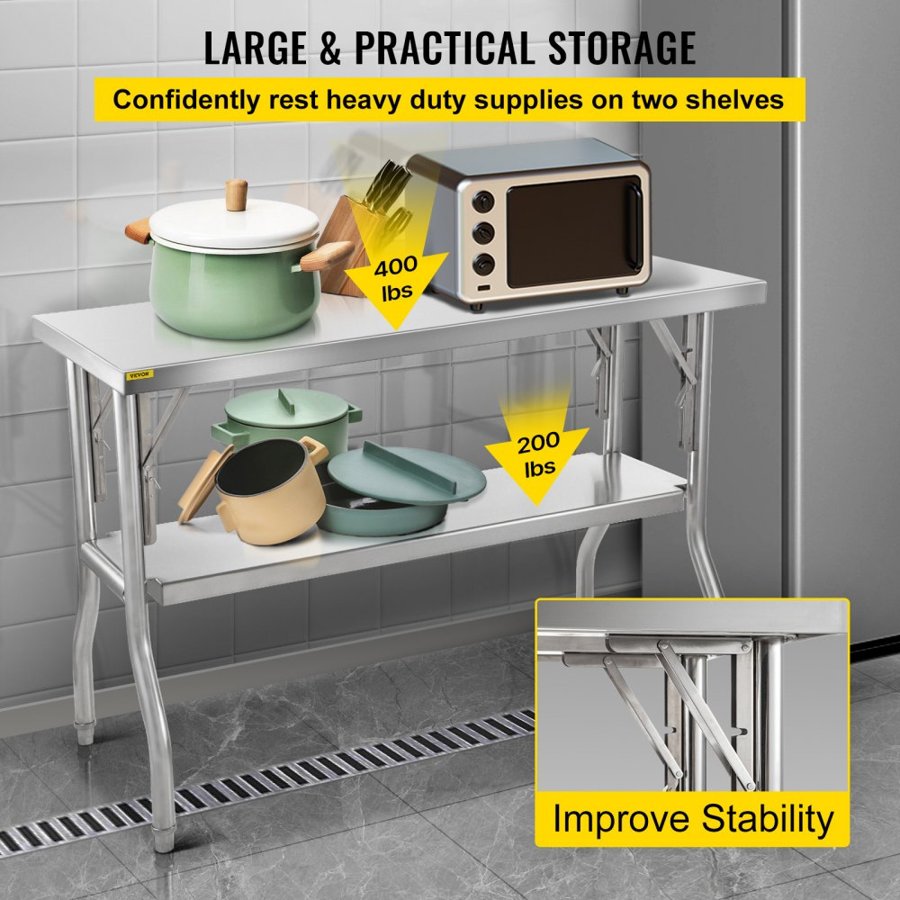 VEVOR Commercial Worktable Workstation 121.9x61 cm Folding Commercial Prep Table, Heavy-duty Stainless Steel Folding Table with 350.2 kg Load, Kitchen Work Table, Silver Stainless Steel Kitchen Island
