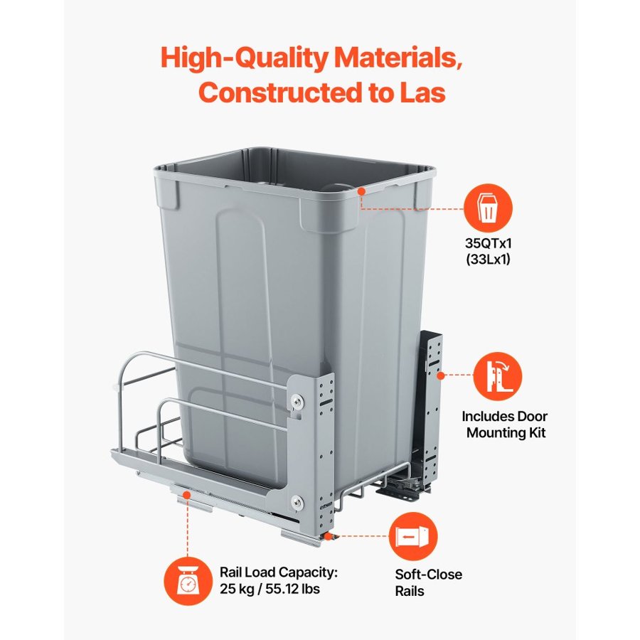 VEVOR 35 Quart Garbage Can – 66 lbs Capacity, Pull Out