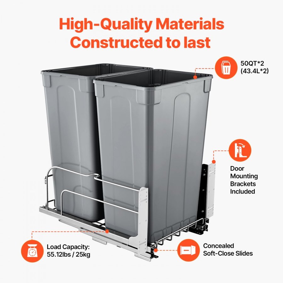 VEVOR 50 QT Trash Can – 22x14x23.3 Inches, 66 Lb Capacity