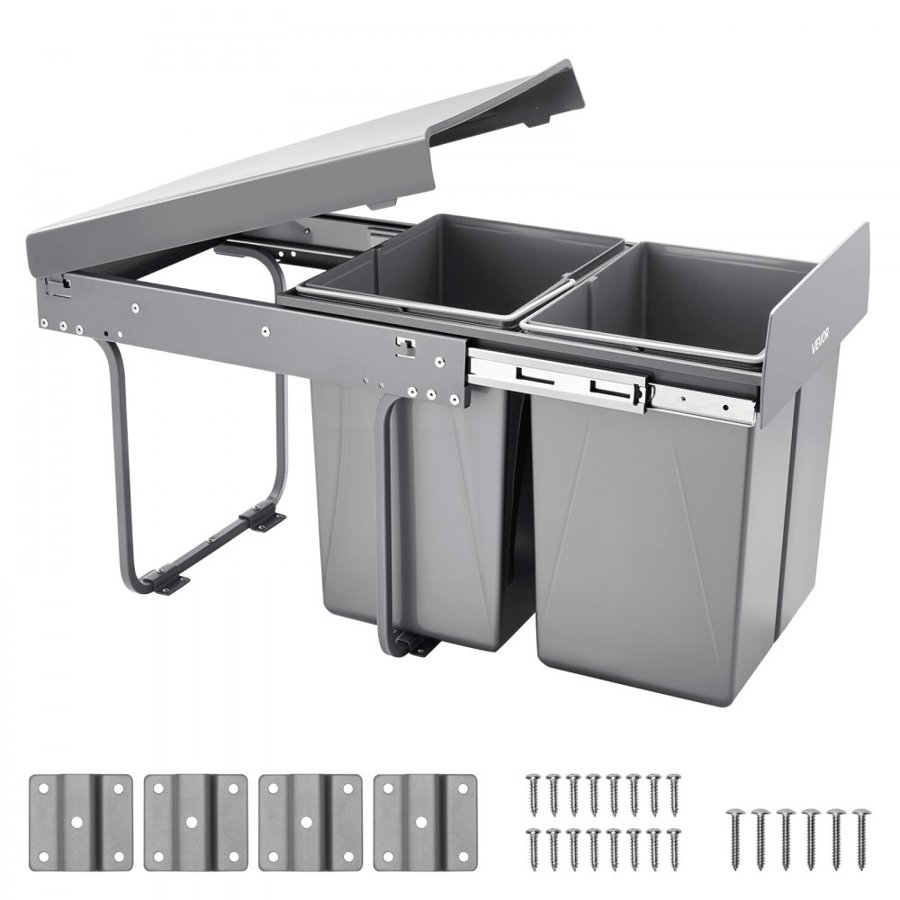 VEVOR Pullout Trash Can for Kitchen Cabinets, 20Lx2 Double Under Sink Garbage Waste Recycling Bin, Under Mount Waste Container, with Heavy Duty Metal Full Extension Sliding System and Handle