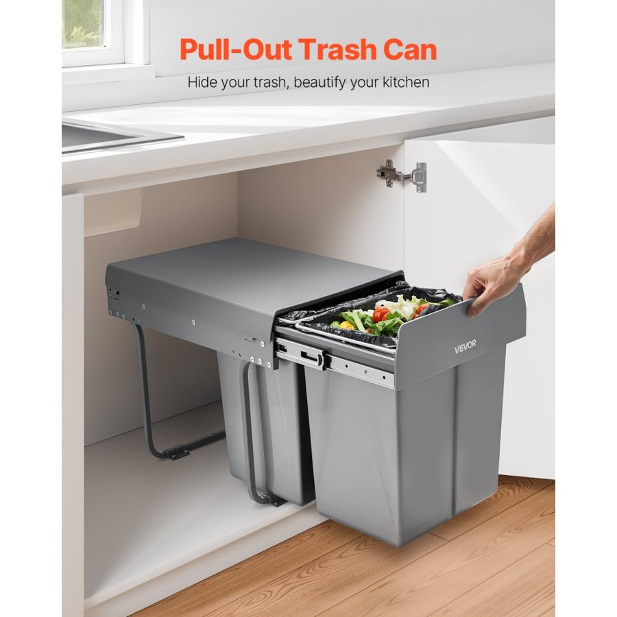 VEVOR Pullout Trash Can for Kitchen Cabinets, 20Lx2 Double Under Sink Garbage Waste Recycling Bin, Under Mount Waste Container, with Heavy Duty Metal Full Extension Sliding System and Handle