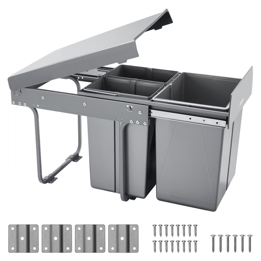VEVOR Pullout Trash Can for Kitchen Cabinets, 20+10+10L Double Under Sink Garbage Waste Recycling Bin, Under Mount Waste Container, with Heavy Duty Metal Full Extension Sliding System and Handle