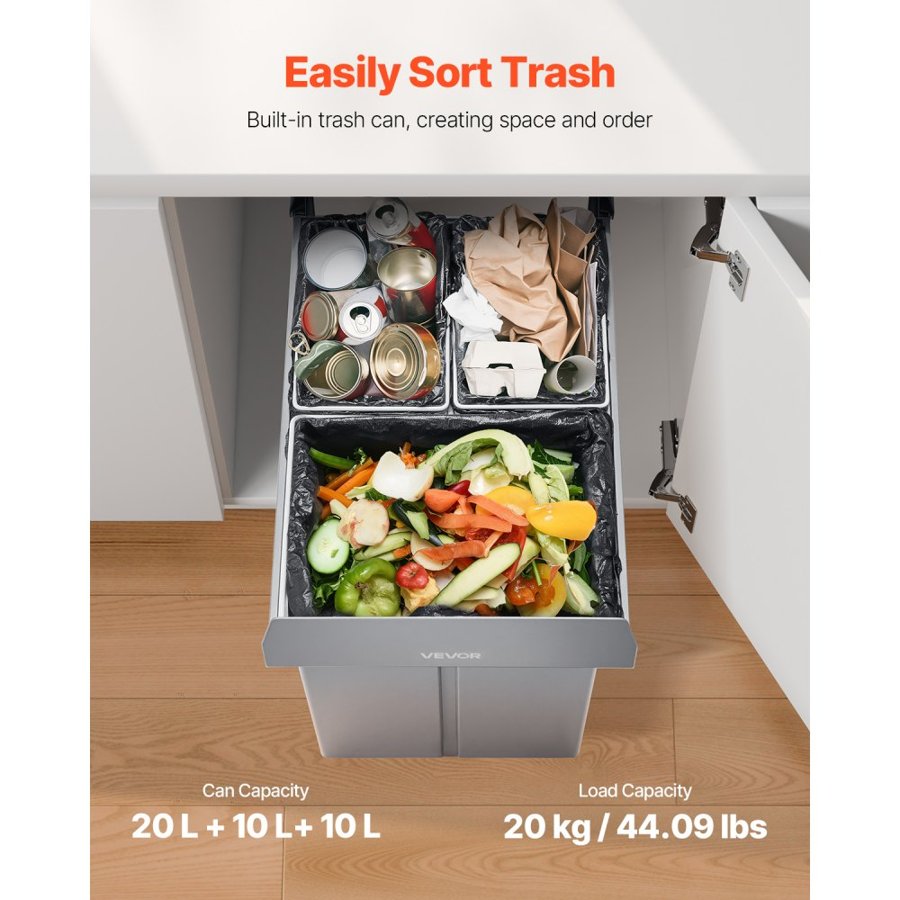 VEVOR Pullout Trash Can for Kitchen Cabinets, 20+10+10L Double Under Sink Garbage Waste Recycling Bin, Under Mount Waste Container, with Heavy Duty Metal Full Extension Sliding System and Handle