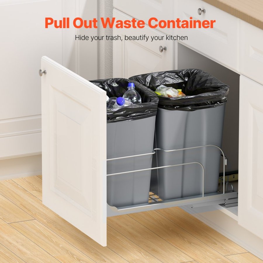 VEVOR Pull-Out Trash Can, 27 QT x2 Double Under Mount Kitchen Waste Container, Heavy Duty Garbage Recycling Bin with Door Kit and Soft Close Slide, for Kitchen Cabinet, Sink, Under Counter (Grey)