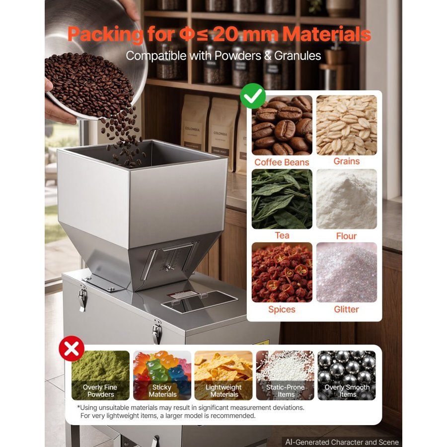 VEVOR Powder Filling Machine, 20-3000g Automatic Particle Dispenser, Premium Stainless Steel, Intelligent Weighing Dispensing Filler w/ Foot Pedal, for Coffee Beans, Grains, Tea, Spices, Silver