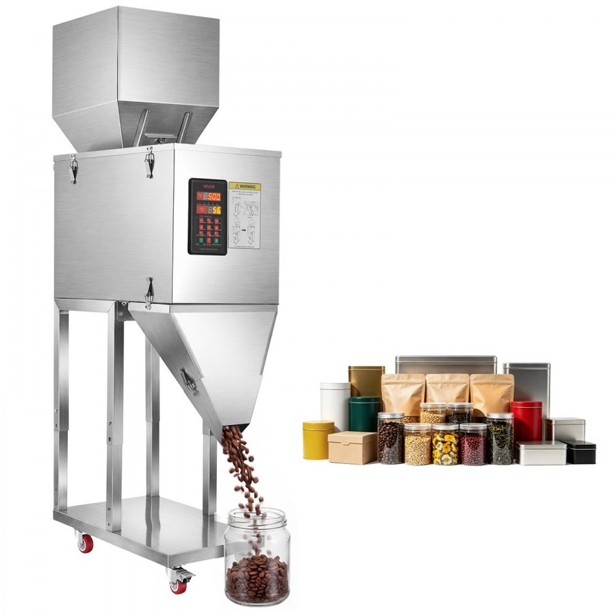 VEVOR Powder Filling Machine, 20-5000g Automatic Particle Dispenser, Premium Stainless Steel, Intelligent Weighing Dispensing Filler w/ Foot Pedal, for Coffee Beans, Grains, Tea, Spices, Silver