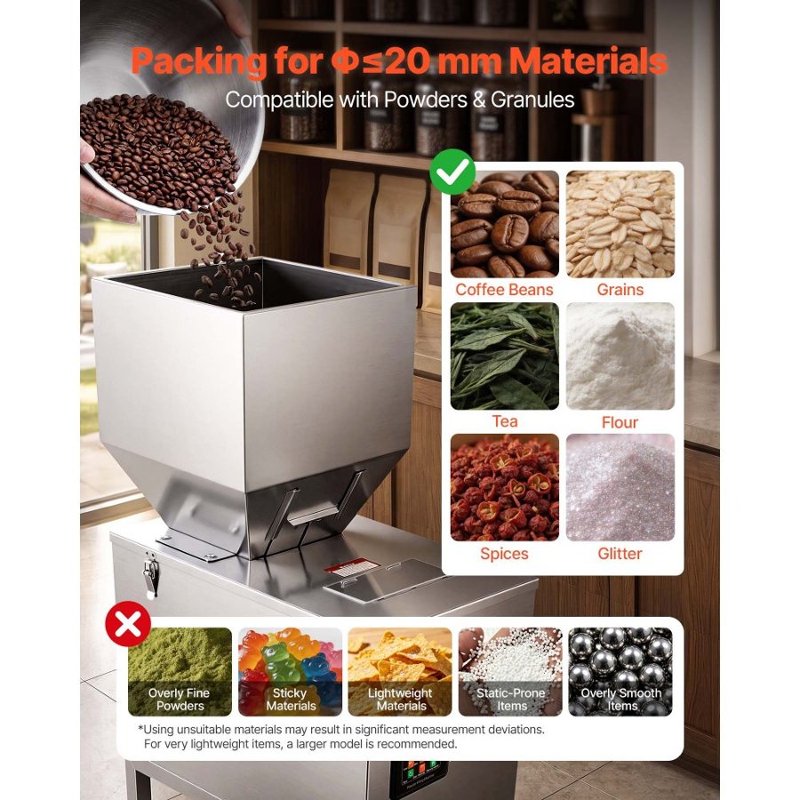 VEVOR Powder Filling Machine, 20-5000g Automatic Particle Dispenser, Premium Stainless Steel, Intelligent Weighing Dispensing Filler w/ Foot Pedal, for Coffee Beans, Grains, Tea, Spices, Silver