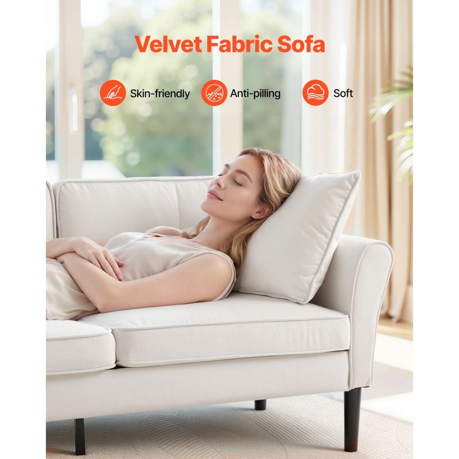 VEVOR Loveseat Sofa, 176 cm Small Sofa Couch for Living Room, Velvet Fabric 2-Seats Couch with Sinuous Spring, Soft Cushions and Sturdy Frame, Comfy Loveseat for Bedroom, Office or Apartment, White