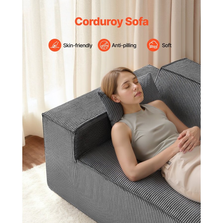 VEVOR Loveseat Sofa, 160 cm 2-Seats Couch for Living Room, Modern Small Corduroy Couch with Pocket Springs, Soft Cushions, Comfy Loveseat for Bedroom, Office or Apartment, No Assembly Required, Gray