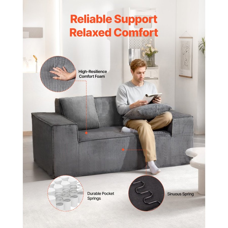 VEVOR Loveseat Sofa, 160 cm 2-Seats Couch for Living Room, Modern Small Corduroy Couch with Pocket Springs, Soft Cushions, Comfy Loveseat for Bedroom, Office or Apartment, No Assembly Required, Gray
