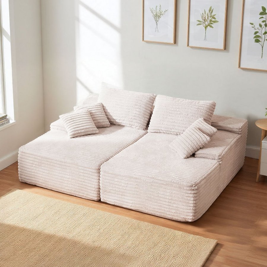 VEVOR 210 cm Oversized Double Chaise Lounge, Corduroy Fabric Sectional Sofa, Cozy Deep Seat Loveseat Sofa with Soft Cushions and Throw Pillows for Living Room Bedroom, No Assembly Required, Beige
