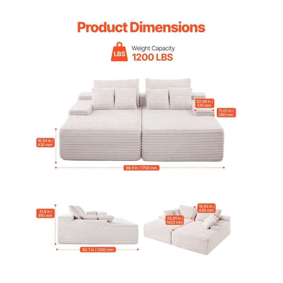 VEVOR 210 cm Oversized Double Chaise Lounge, Corduroy Fabric Sectional Sofa, Cozy Deep Seat Loveseat Sofa with Soft Cushions and Throw Pillows for Living Room Bedroom, No Assembly Required, Beige
