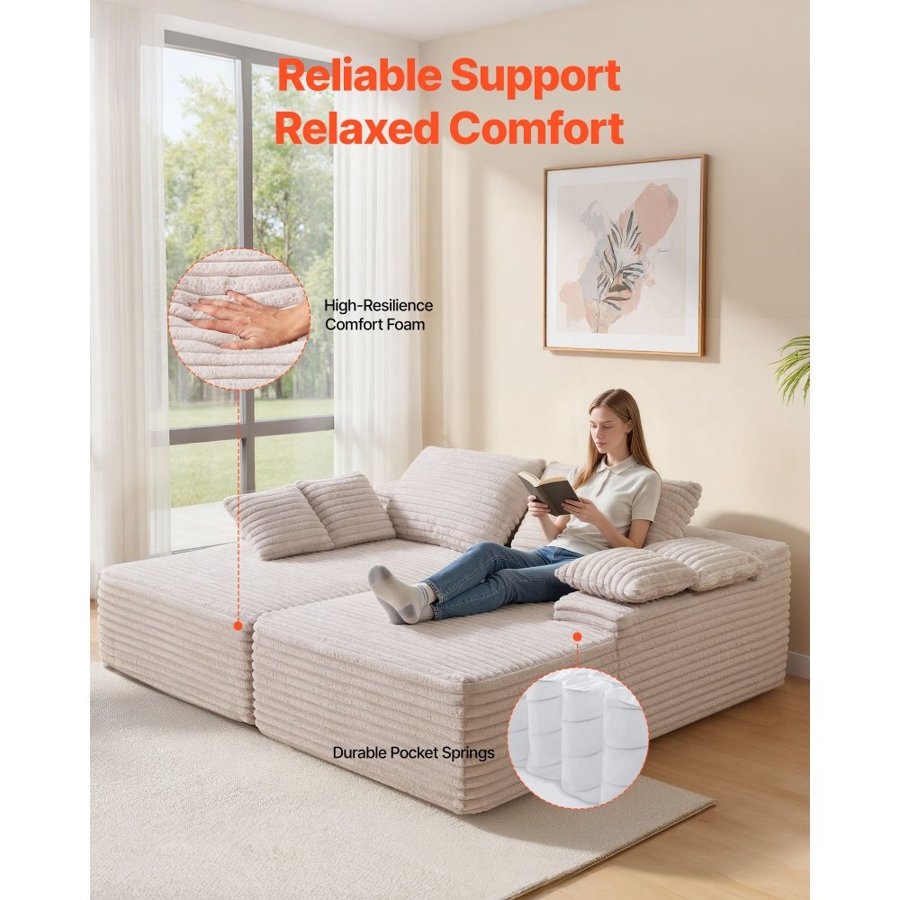 VEVOR 210 cm Oversized Double Chaise Lounge, Corduroy Fabric Sectional Sofa, Cozy Deep Seat Loveseat Sofa with Soft Cushions and Throw Pillows for Living Room Bedroom, No Assembly Required, Beige
