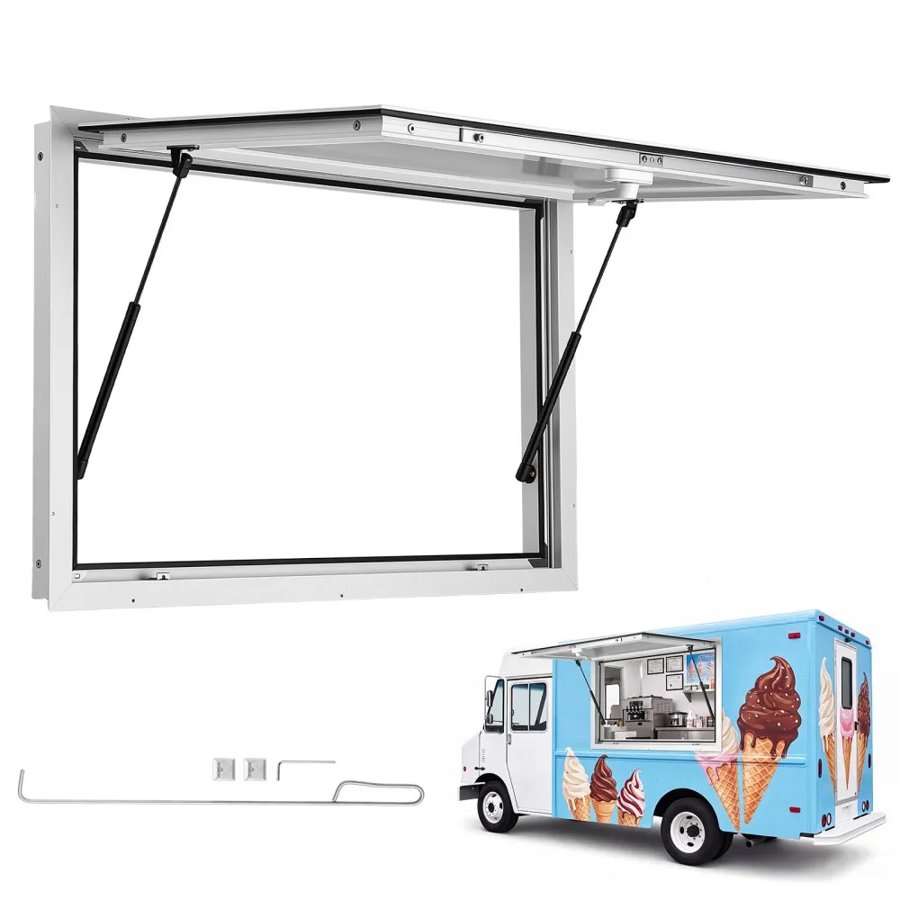 VEVOR Concession Window 915x610mm Aluminum Alloy Frame Service Window, for Food Truck, Up to 85 Degrees Stand Serving Windows w/ Awning Door and Drag Hook, Rainwater Resistant for Concession Trailer