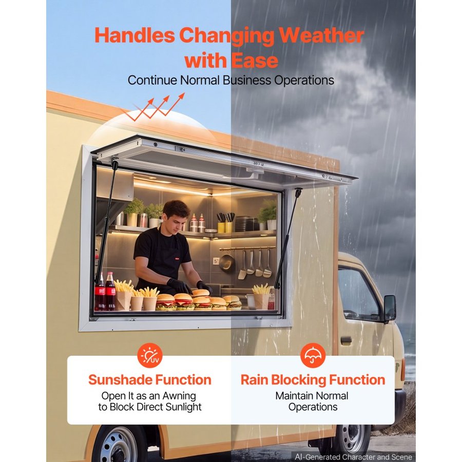 VEVOR Concession Window 915x610mm Aluminum Alloy Frame Service Window, for Food Truck, Up to 85 Degrees Stand Serving Windows w/ Awning Door and Drag Hook, Rainwater Resistant for Concession Trailer