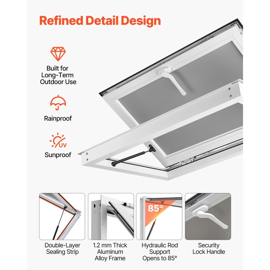 VEVOR Concession Window 915x610mm Aluminum Alloy Frame Service Window, for Food Truck, Up to 85 Degrees Stand Serving Windows w/ Awning Door and Drag Hook, Rainwater Resistant for Concession Trailer