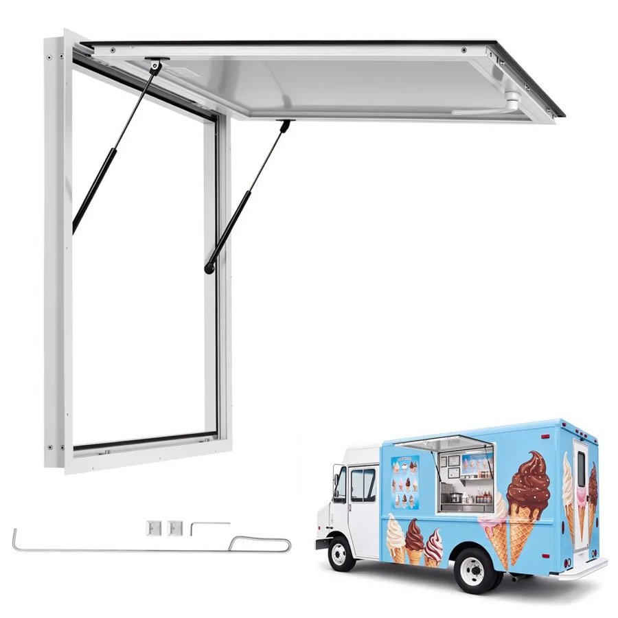 VEVOR Concession Window 915x915mm Aluminum Alloy Frame Service Window, for Food Truck, Up to 85 Degrees Stand Serving w/ Awning Door and Drag Hook, Rainwater Resistant for Concession Trailer