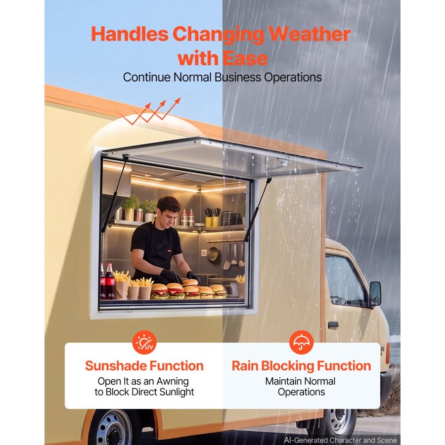VEVOR Concession Window 915x915mm Aluminum Alloy Frame Service Window, for Food Truck, Up to 85 Degrees Stand Serving w/ Awning Door and Drag Hook, Rainwater Resistant for Concession Trailer