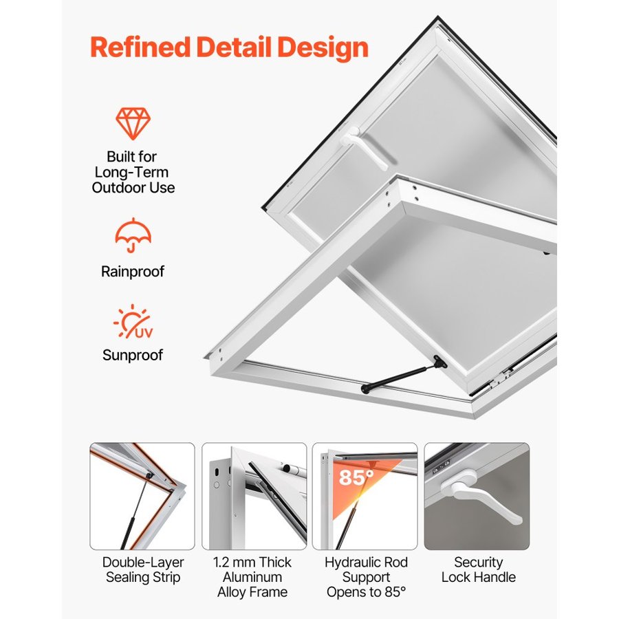 VEVOR Concession Window 915x915mm Aluminum Alloy Frame Service Window, for Food Truck, Up to 85 Degrees Stand Serving w/ Awning Door and Drag Hook, Rainwater Resistant for Concession Trailer