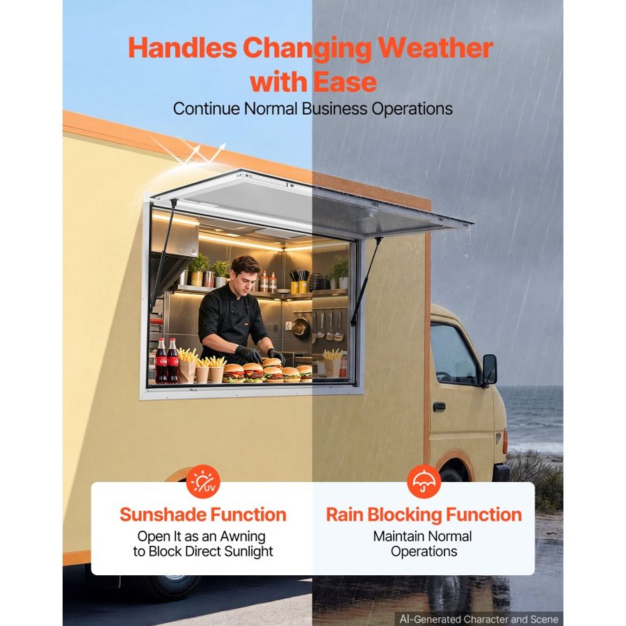 VEVOR Concession Window 1220x915mm Aluminum Alloy Frame Service Window, for Food Truck, Up to 85 Degrees Stand Serving Windows w/ Awning Door and Drag Hook, Rainwater Resistant for Concession Trailer