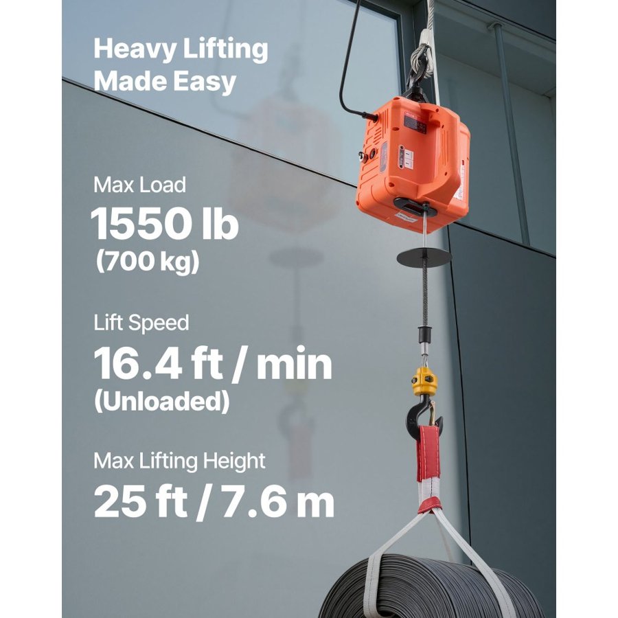 VEVOR Electric Hoist Winch Crane – 700 kg, 1500W, 25ft Reach