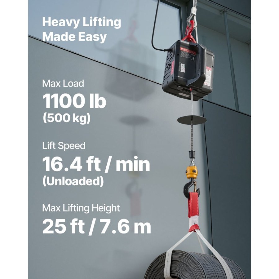 VEVOR Portable Power Winch – 500 kg, 1500W, 2-in-1 Hoist