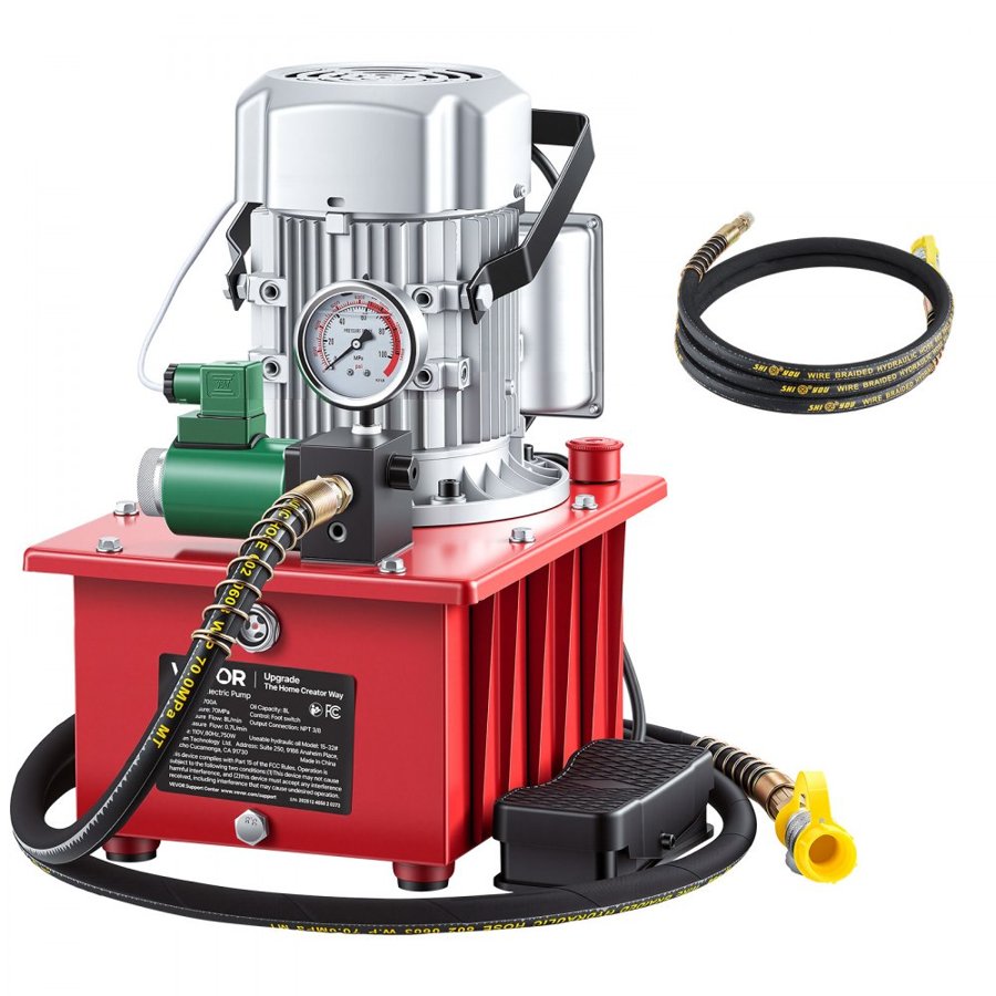 VEVOR Electric Driven Hydraulic Pump, 750W 10,000 PSI, Single Acting Hydraulic Pump Power Pack Unit, Solenoid Valve with Pedal Switch, 2.1 Gal / 8L, for Punching, Bending, Single Acting Cylinders
