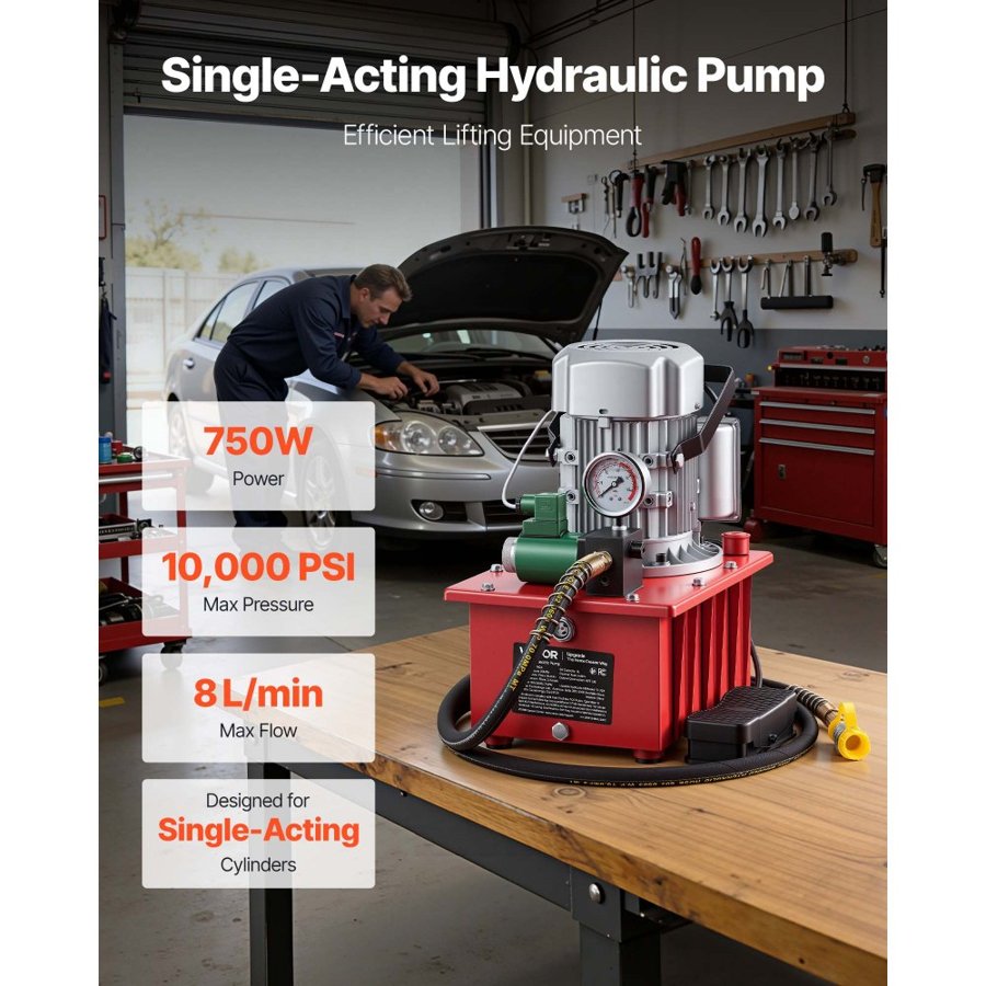 VEVOR Electric Driven Hydraulic Pump, 750W 10,000 PSI, Single Acting Hydraulic Pump Power Pack Unit, Solenoid Valve with Pedal Switch, 2.1 Gal / 8L, for Punching, Bending, Single Acting Cylinders