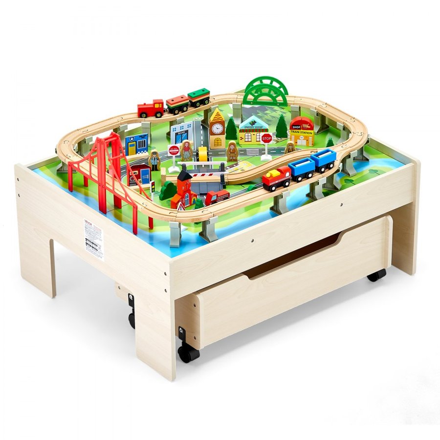 VEVOR Train Table, 100 Multicolor Pieces Wooden Kids Activity Table with Rolling Storage Drawer, 3-in-1 Wooden Train Set for Gaming, Drawing, Reading, Eating, Creative Toy Set for Kids Ages 3+