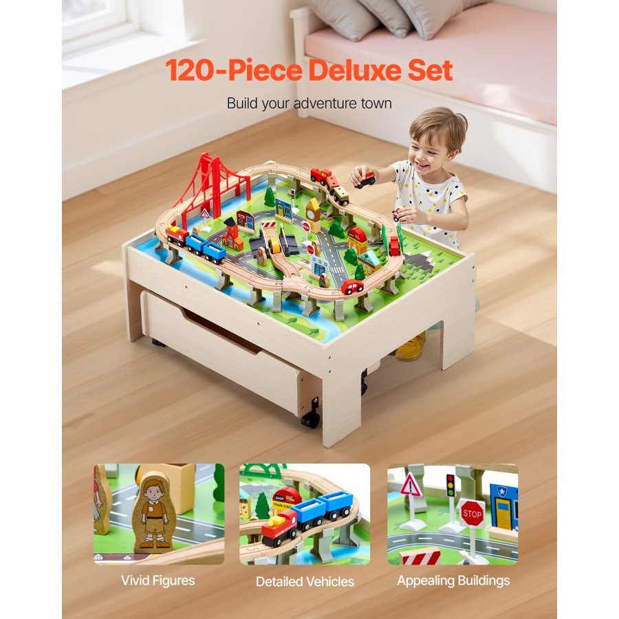 VEVOR Train Table, 100 Multicolor Pieces Wooden Kids Activity Table with Rolling Storage Drawer, 3-in-1 Wooden Train Set for Gaming, Drawing, Reading, Eating, Creative Toy Set for Kids Ages 3+