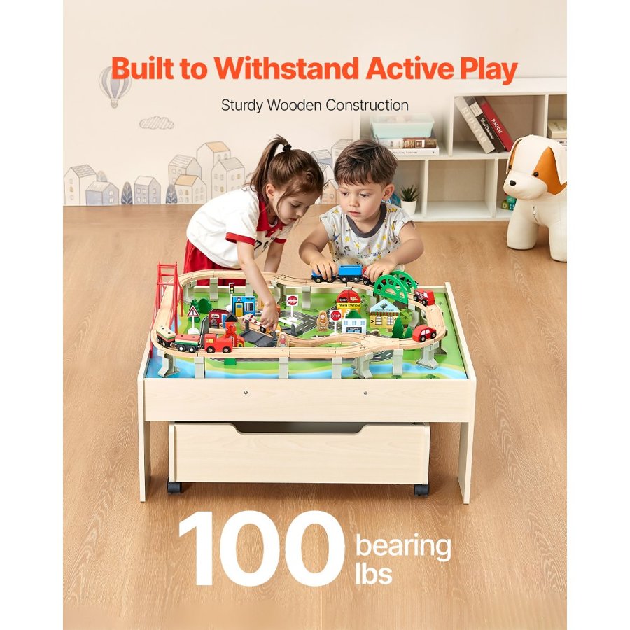 VEVOR Train Table, 100 Multicolor Pieces Wooden Kids Activity Table with Rolling Storage Drawer, 3-in-1 Wooden Train Set for Gaming, Drawing, Reading, Eating, Creative Toy Set for Kids Ages 3+