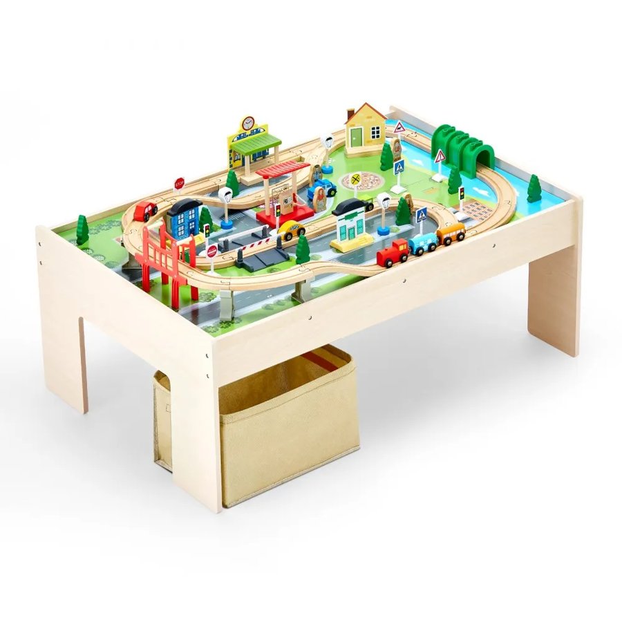 VEVOR Train Table, 84 Multicolor Pieces Wooden Kids Activity Table with Collapsible Storage Bin, 3-in-1 Wooden Train Set for Gaming, Drawing, Reading, Eating, Creative Toy Set for Kids Ages 3+