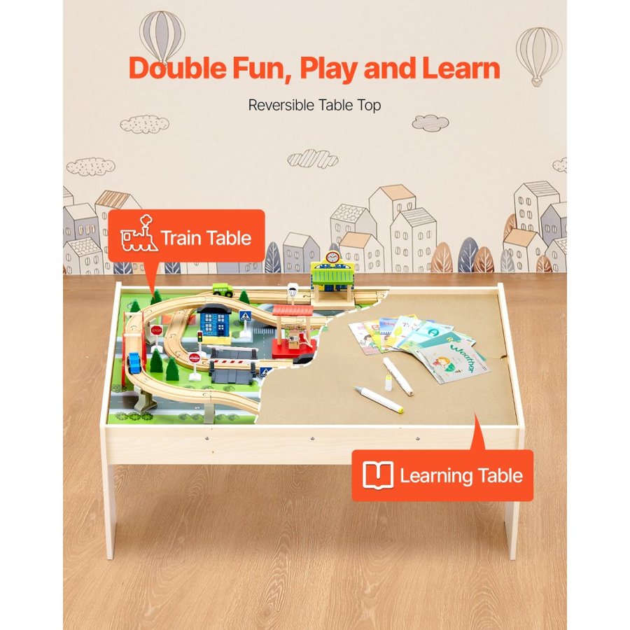 VEVOR Train Table, 84 Multicolor Pieces Wooden Kids Activity Table with Collapsible Storage Bin, 3-in-1 Wooden Train Set for Gaming, Drawing, Reading, Eating, Creative Toy Set for Kids Ages 3+