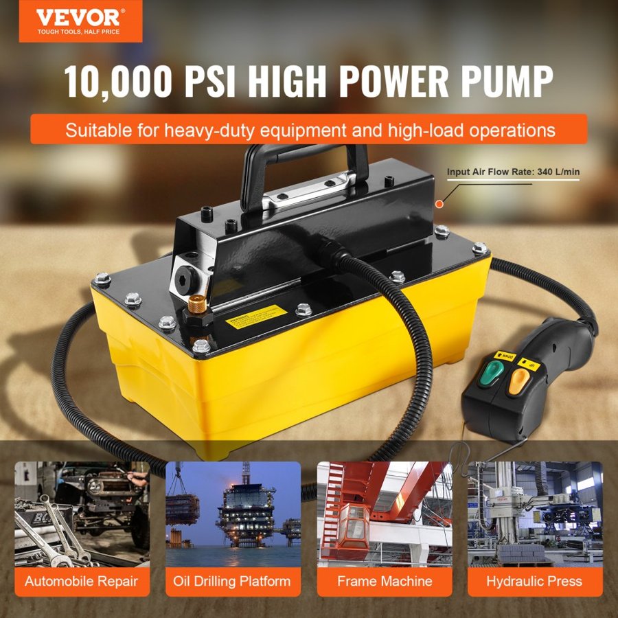 VEVOR 689 bar(10,000PSI) Air Hydraulic Pump, 2.3 L(0.61 Gal) Reservoir, NPT 9.5mm(3/8 In) Oil Outlet, NPT 6.4mm(1/4 In) Inlet, Plastic Air Hydraulic Pump with Remote Control Actuator, for Automobile Frame Machine & Hydraulic Press