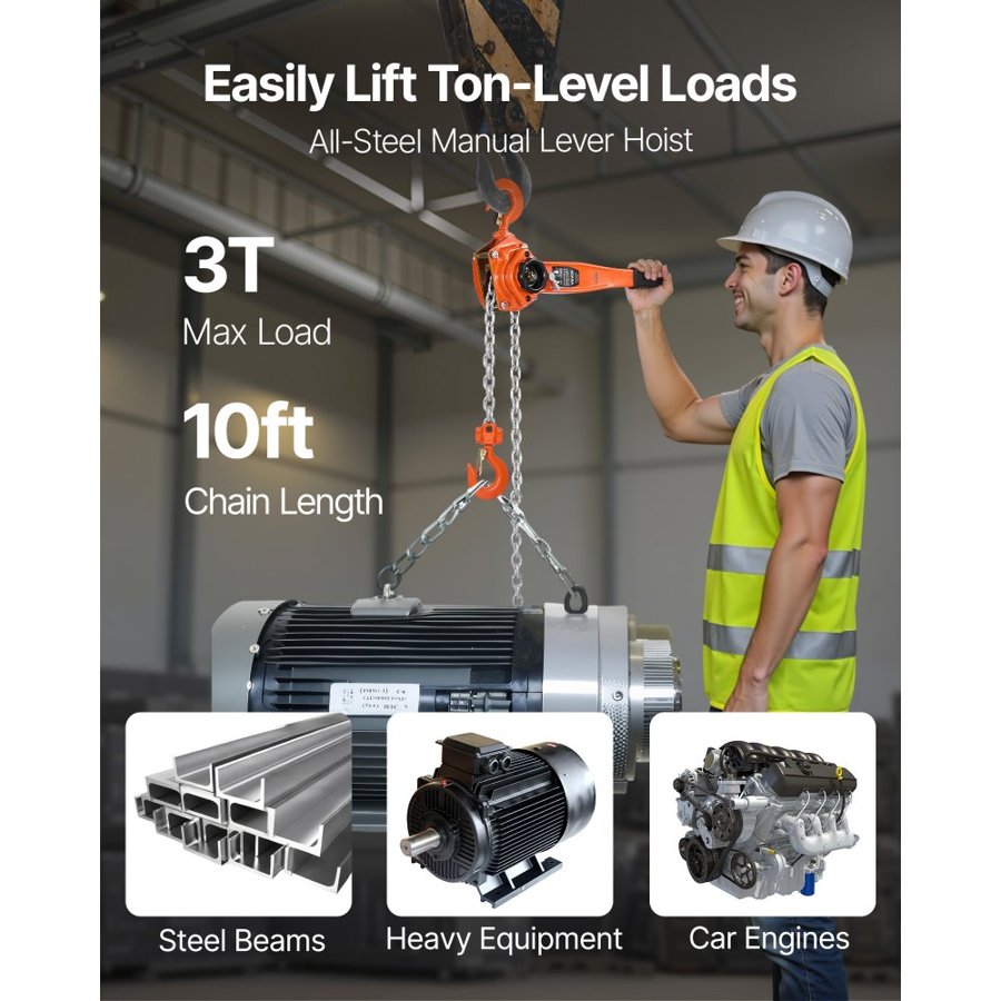 VEVOR 3 Ton Lever Chain Hoist – 10 Ft, 6600 Lbs, G80