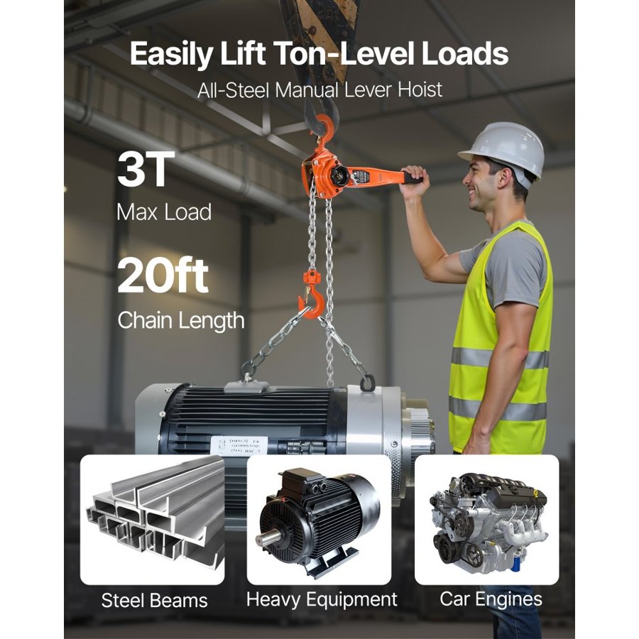 VEVOR 3 Ton Manual Chain Hoist – 20 ft Lift, 6600 lbs