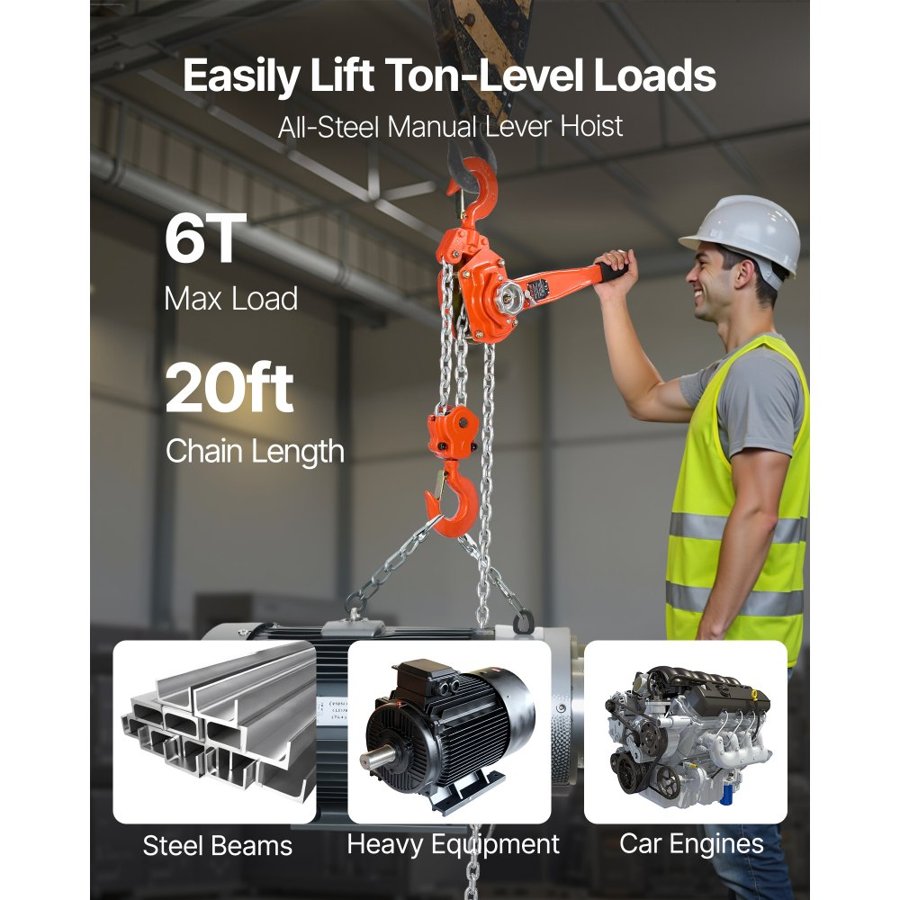 VEVOR 6 Ton Lever Chain Hoist - 6T/13200 lb, 20 ft G80 Chain