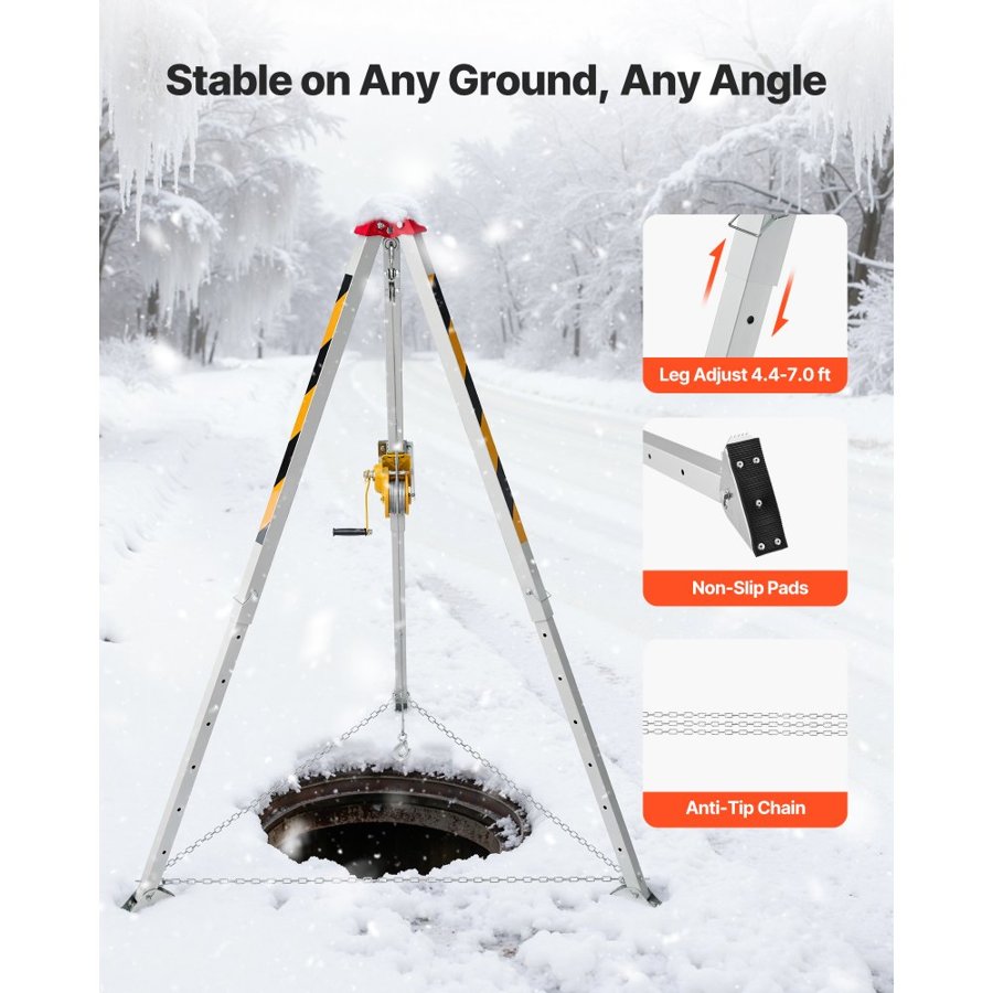 VEVOR Confined Space Tripod Kit, Heavy Duty Rescue Tripod Lifting Hoist 544 kg Winch, 1.25 m Adjustable Legs, 30 m Cable Portable Kit, 10 m Fall Protection, 1.34-2.15 m Working Height