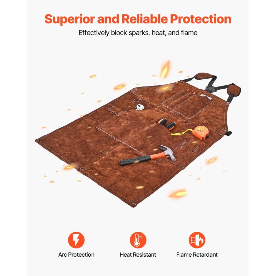 VEVOR Leather Welding Work Apron, Heavy Duty Cowhide Flame Resistant Welding Apron, Heat-Resistant Blacksmith Welder Aprons with 6 Tool Pockets for Woodworking, Gardening, BBQ