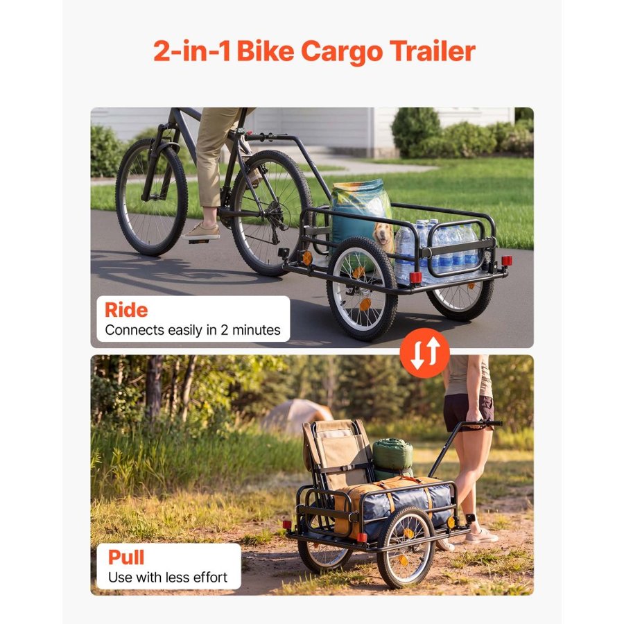 VEVOR Bike Cargo Trailer 40 kg Load 2-in-1 Pushcart Folding Bicycle Wagon, Heavy-Duty Cart with 406 mm Wheels, Reflectors, Carbon Steel Frame, Foldable Compact Storage, Fits 559-711 mm Bike Wheels