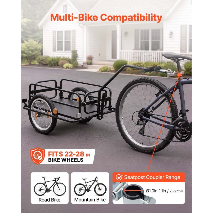 VEVOR Bike Cargo Trailer 40 kg Load 2-in-1 Pushcart Folding Bicycle Wagon, Heavy-Duty Cart with 406 mm Wheels, Reflectors, Carbon Steel Frame, Foldable Compact Storage, Fits 559-711 mm Bike Wheels