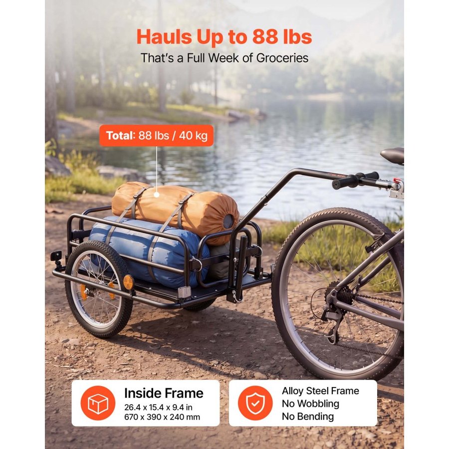 VEVOR Bike Cargo Trailer 40 kg Load 2-in-1 Pushcart Folding Bicycle Wagon, Heavy-Duty Cart with 406 mm Wheels, Reflectors, Carbon Steel Frame, Foldable Compact Storage, Fits 559-711 mm Bike Wheels