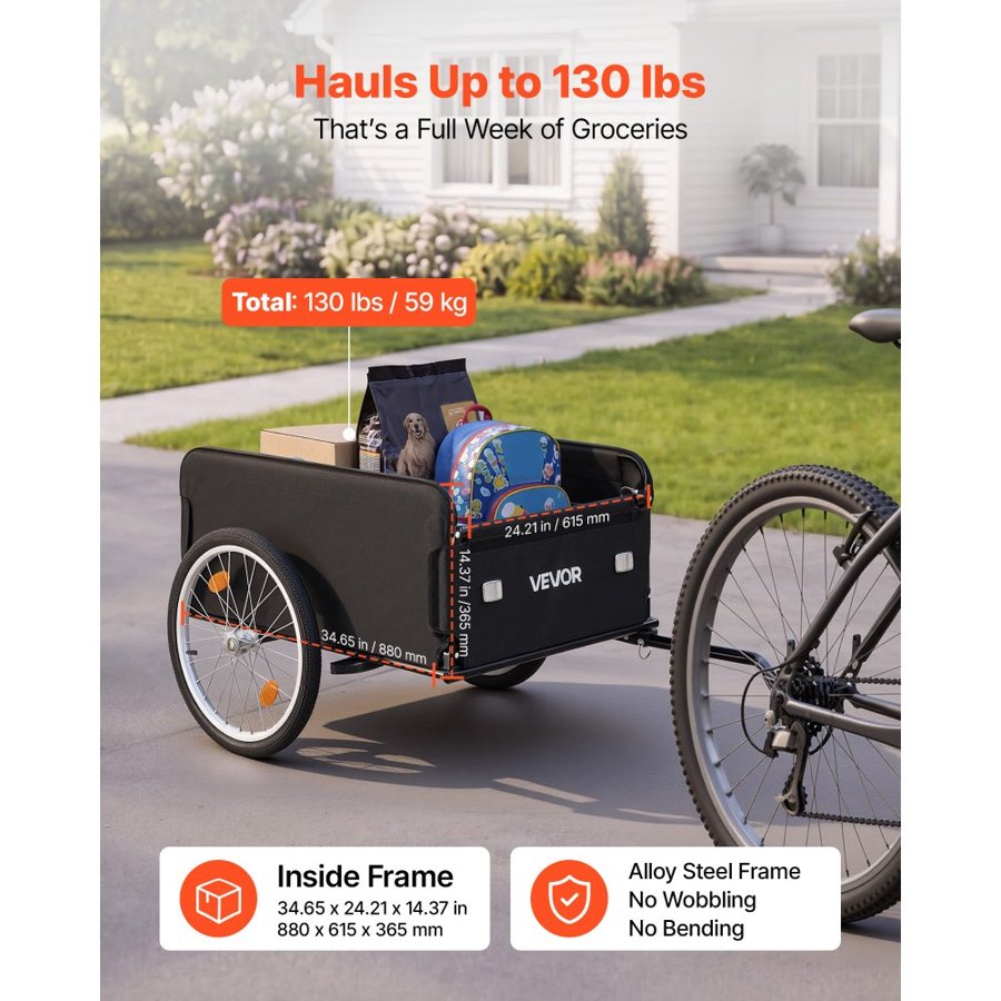 VEVOR Bike Cargo Trailer 59 kg Load Heavy-Duty Bicycle Wagon Cart Folding, Foldable Compact Storage with Waterproof Cover, 508 mm Wheels, Reflectors, Carbon Steel Frame, Fits 559-711 mm Bike Wheels